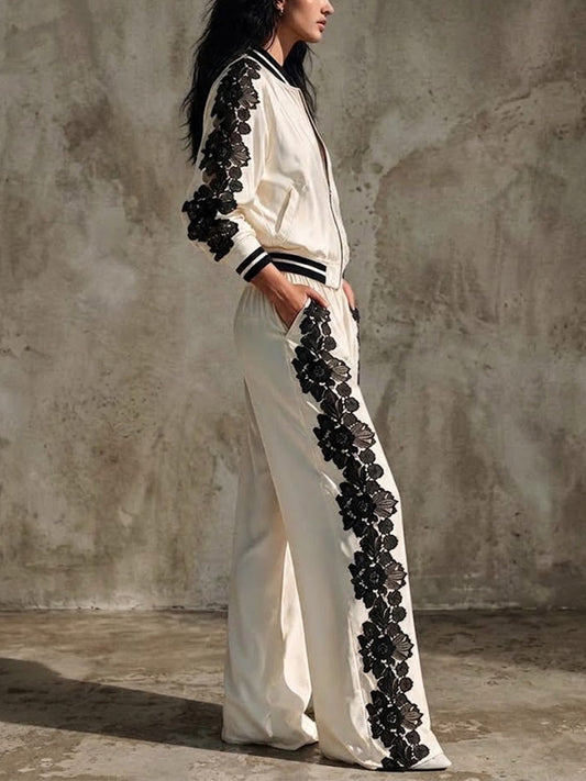 Marie-Ange - Ensemble Blouson Baseball à Dentelle et Pantalon Large