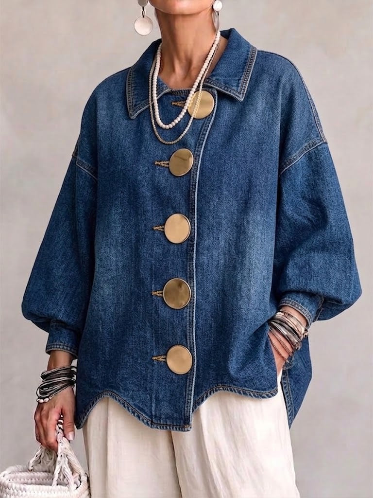 Anne-Hélène - Veste en Jean Oversize à Gros Boutons Métalliques