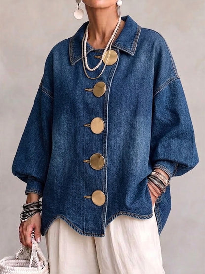 Anne-Hélène - Veste en Jean Oversize à Gros Boutons Métalliques