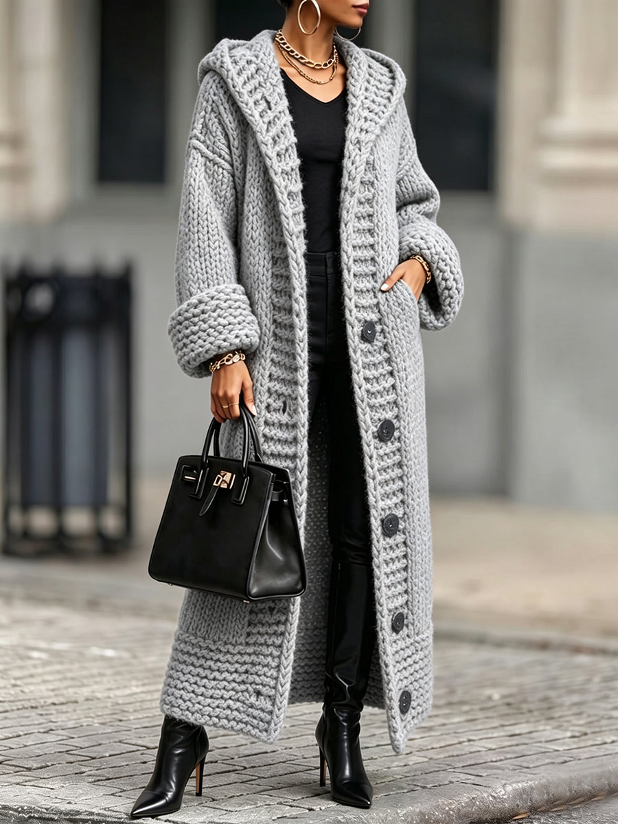 Marie-Victoire - Gilet Long à Capuche en Grosse Maille