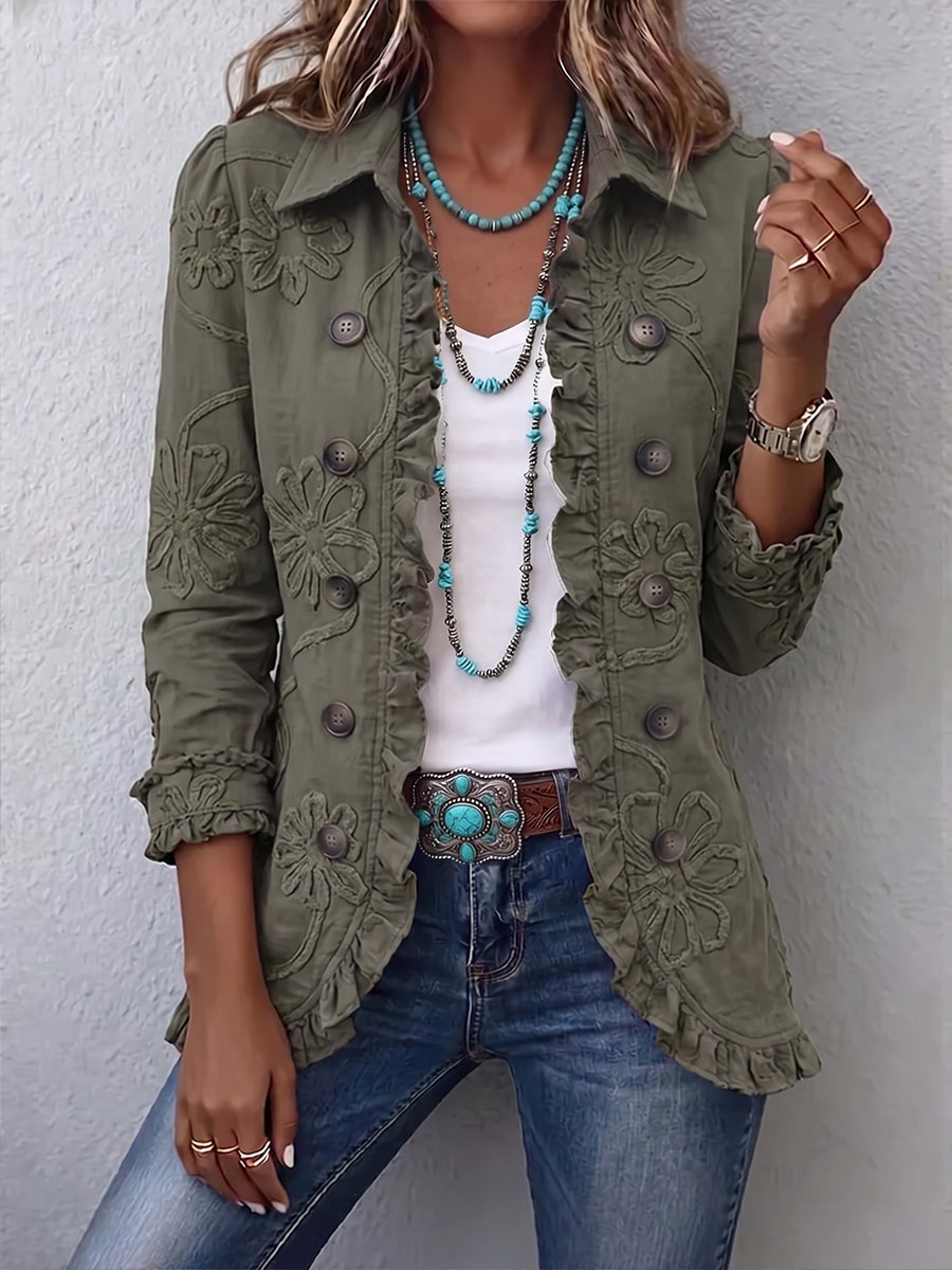 Alexandrine™ | Veste Bohème-Chic Brodée de Fleurs Vert Rétro et Finitions Froncées