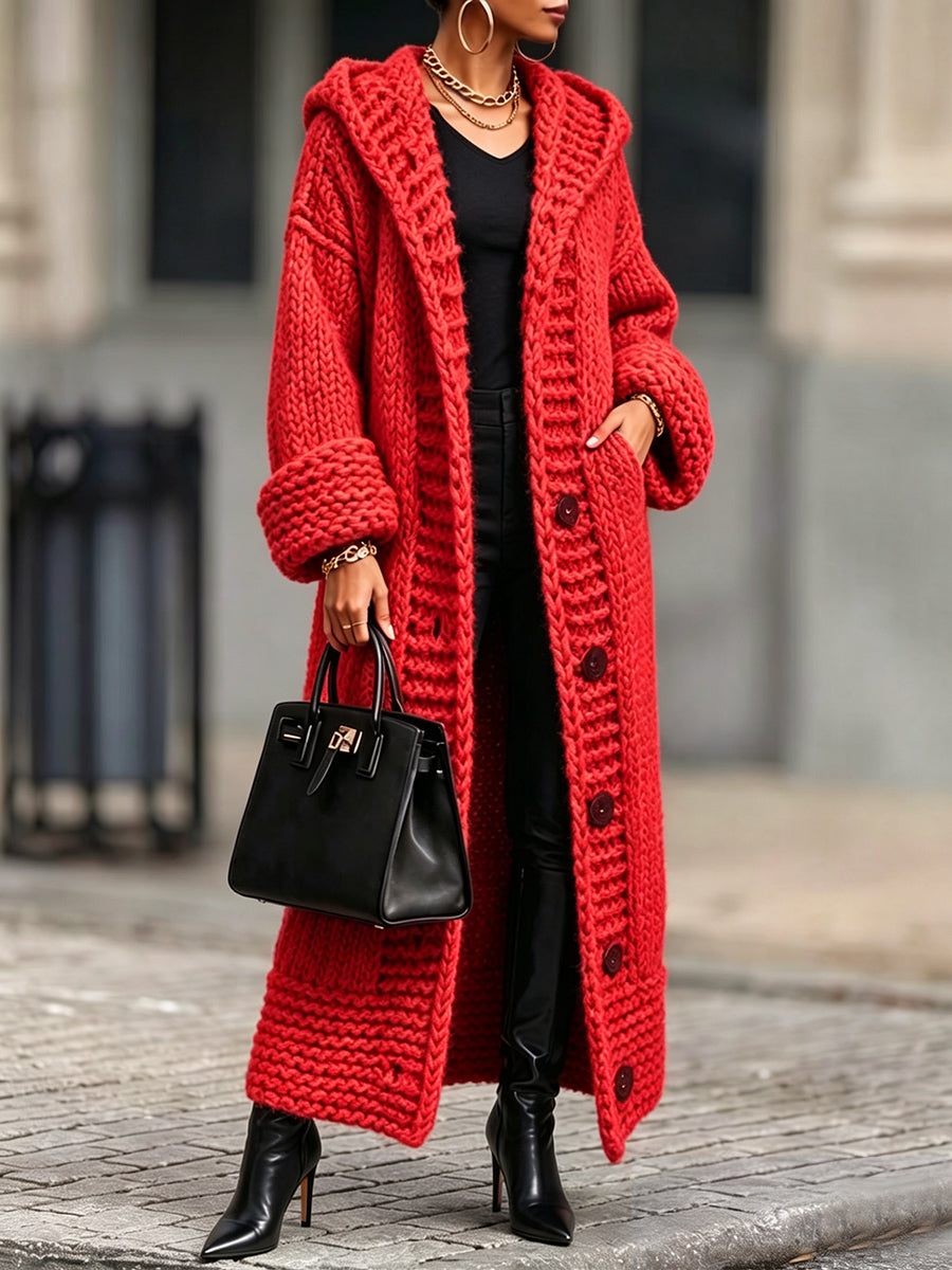 Marie-Victoire - Gilet Long à Capuche en Grosse Maille