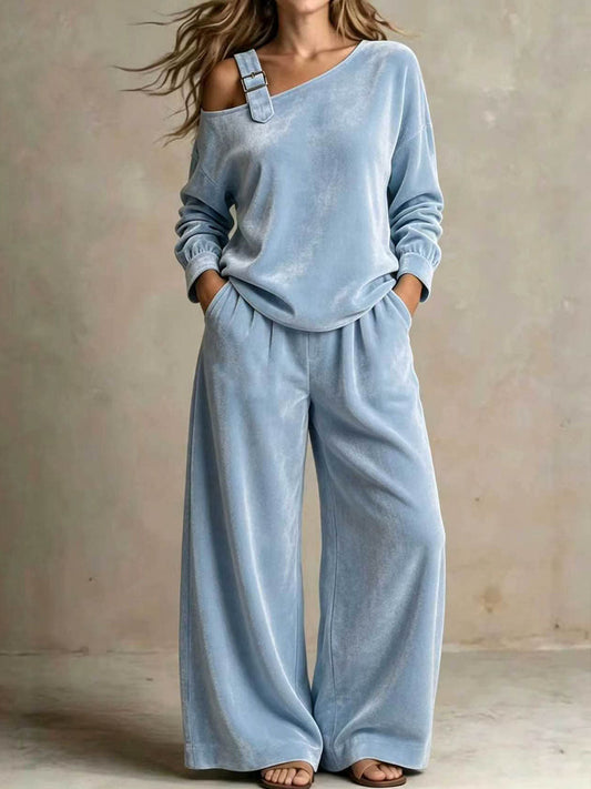 Marie-Lou - Ensemble en Velours à Épaule Dénudée et Pantalon Large Taille Haute
