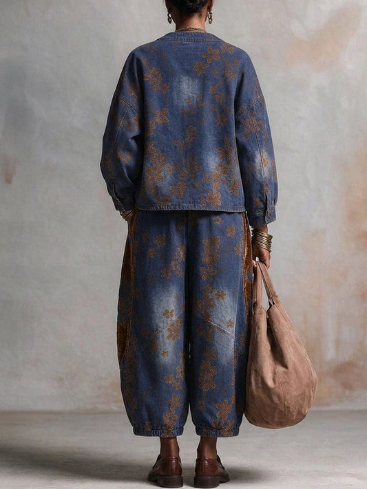 Anne-Flore - Ensemble en Jean à Imprimé Floral Vintage