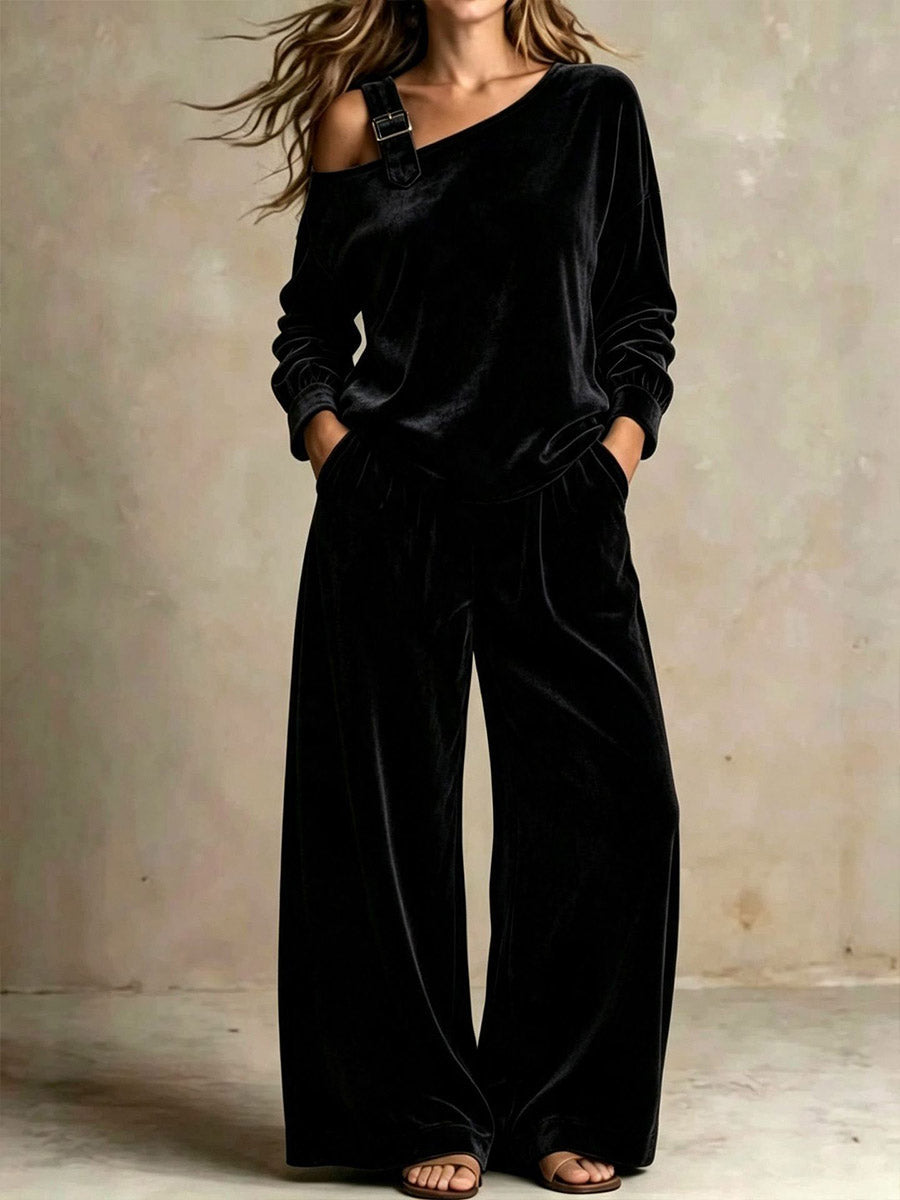 Marie-Lou - Ensemble en Velours à Épaule Dénudée et Pantalon Large Taille Haute