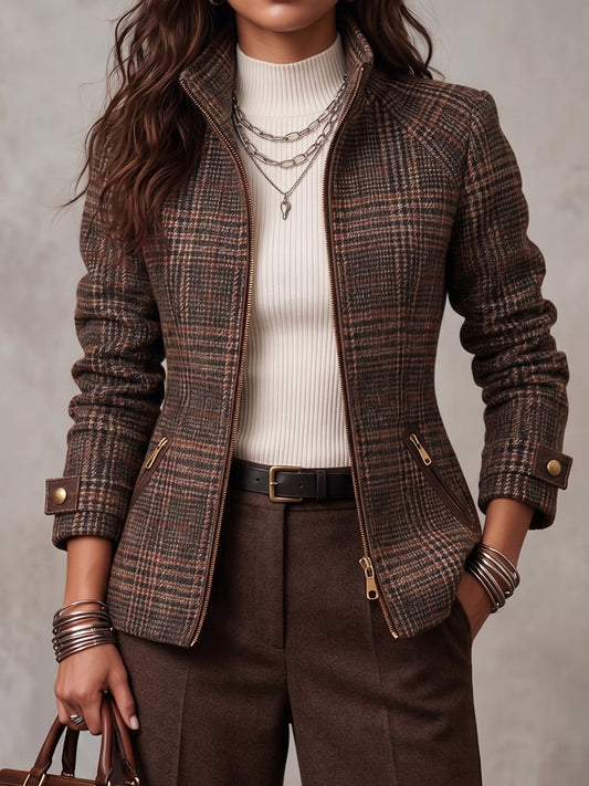 Marie-Eugénie - Veste Zippée à Carreaux en Laine Mélangée