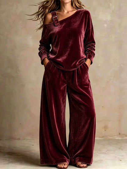 Marie-Lou - Ensemble en Velours à Épaule Dénudée et Pantalon Large Taille Haute