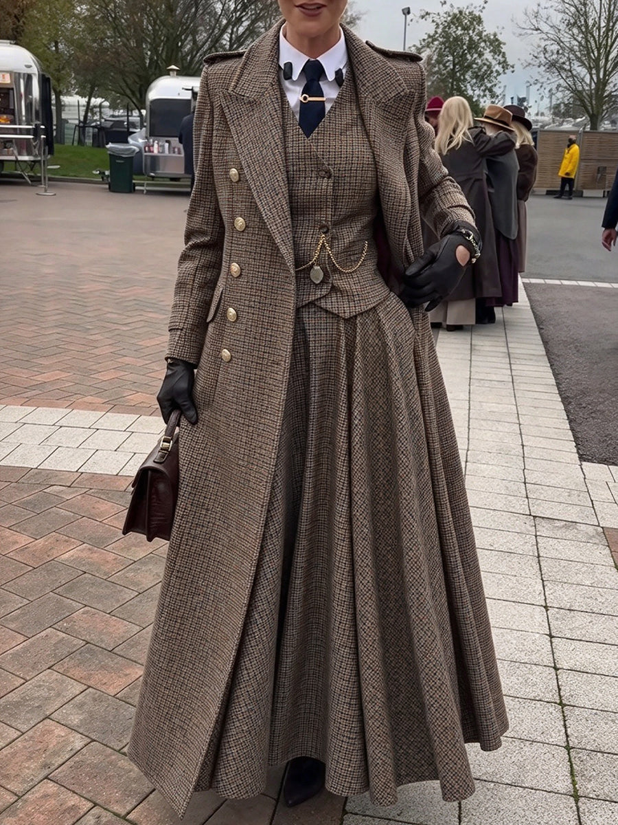 Marie-Garance - Manteau Long Vintage à Carreaux en Laine Mélangée