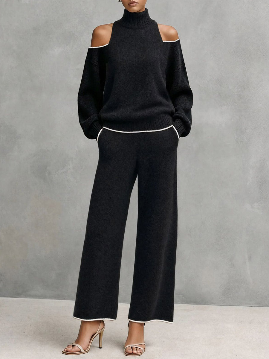 Ghyslaine - Ensemble Pull Col Roulé à Épaules Dénudées et Pantalon Large