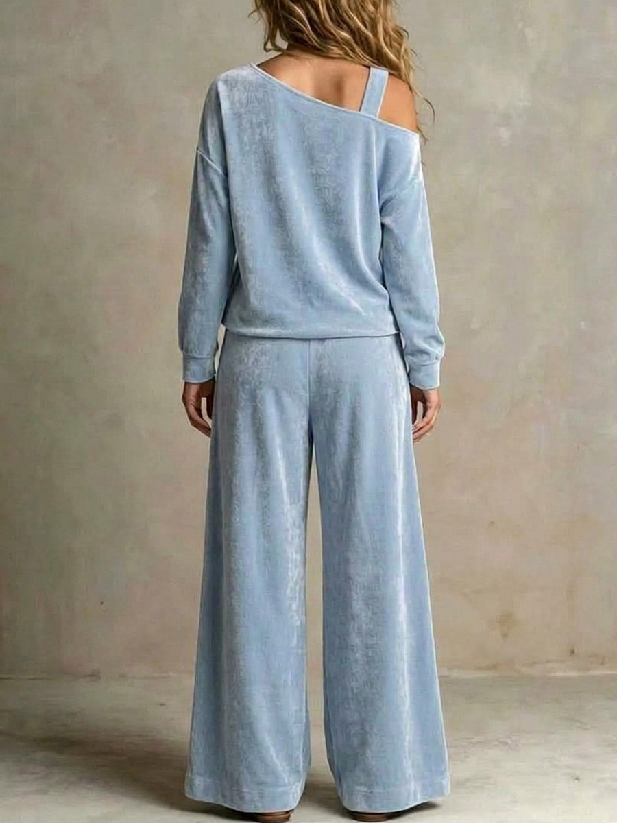 Marie-Lou - Ensemble en Velours à Épaule Dénudée et Pantalon Large Taille Haute
