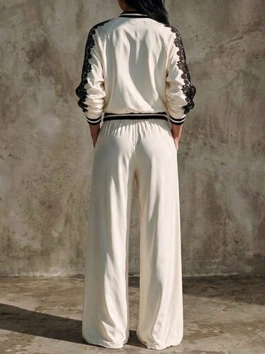 Marie-Ange - Ensemble Blouson Baseball à Dentelle et Pantalon Large