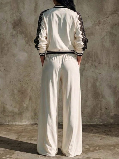 Marie-Ange - Ensemble Blouson Baseball à Dentelle et Pantalon Large