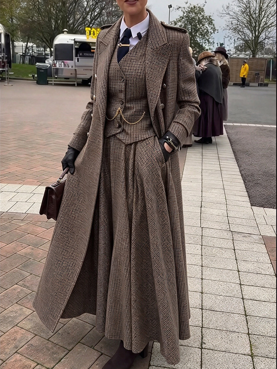 Marie-Garance - Manteau Long Vintage à Carreaux en Laine Mélangée
