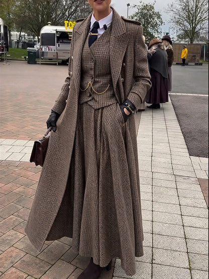 Marie-Garance - Manteau Long Vintage à Carreaux en Laine Mélangée