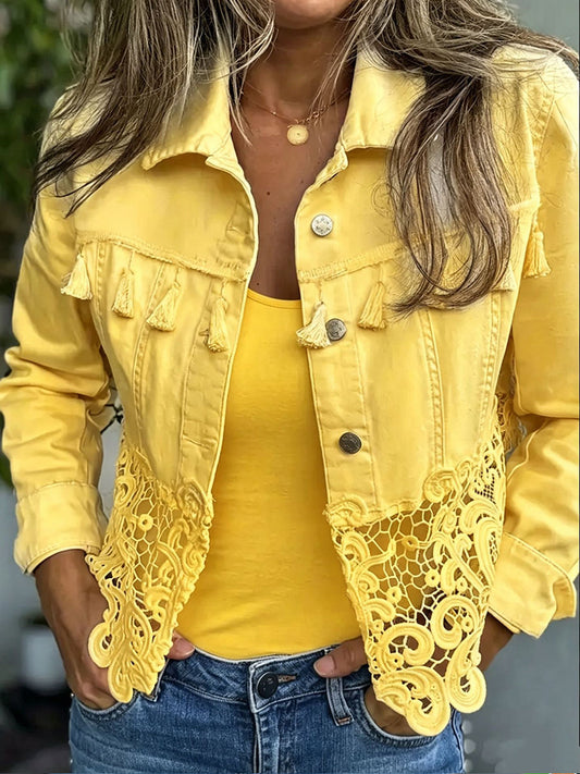 Anne-Blanche - Veste en Jean Bohème à Franges et Dentelle