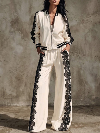Marie-Ange - Ensemble Blouson Baseball à Dentelle et Pantalon Large