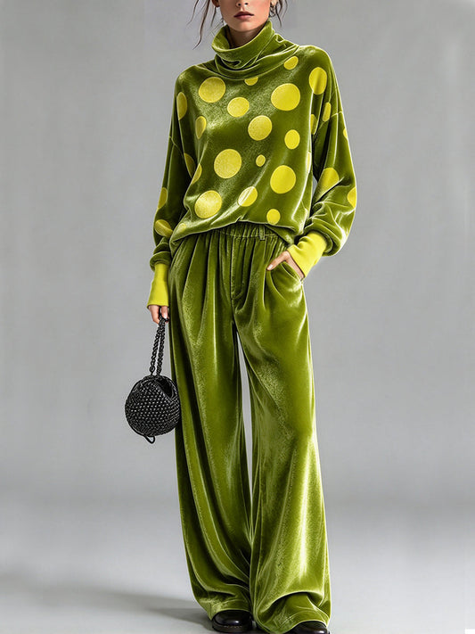 Anne-Élise - Ensemble Haut en Velours à Pois et Pantalon Uni