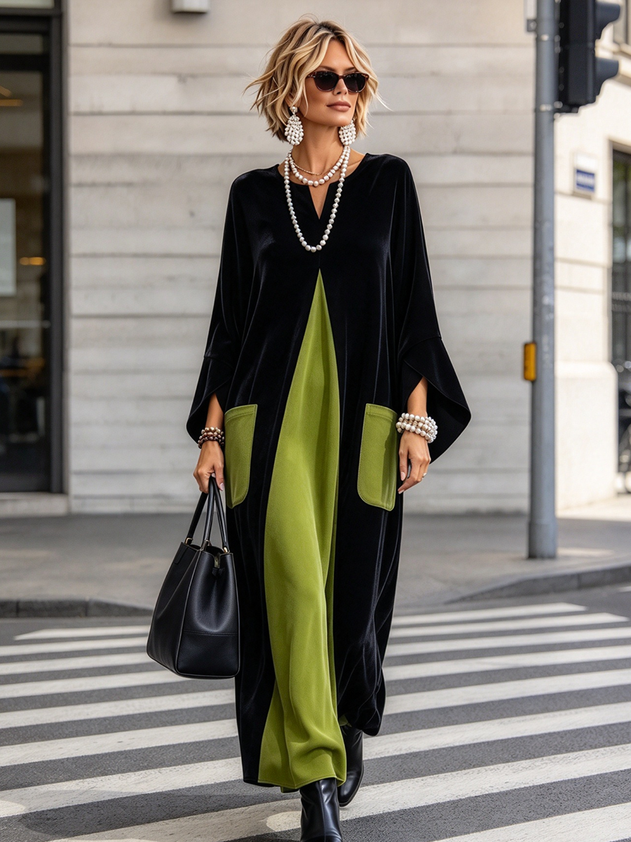 Léana - Robe en Velours Color-Block Élégante et Artistique