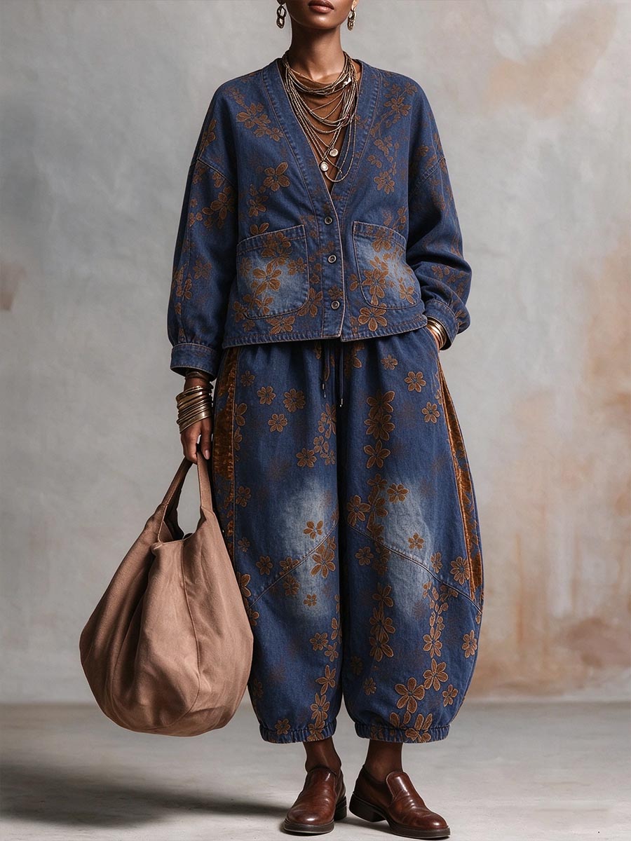 Anne-Flore - Ensemble en Jean à Imprimé Floral Vintage