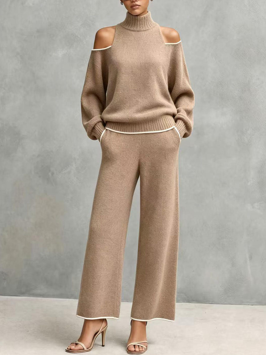 Ghyslaine - Ensemble Pull Col Roulé à Épaules Dénudées et Pantalon Large