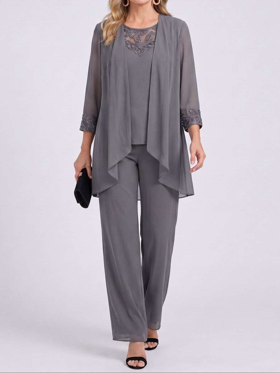Armelle - Ensemble Trois Pièces Veste en Mousseline et Pantalon Large