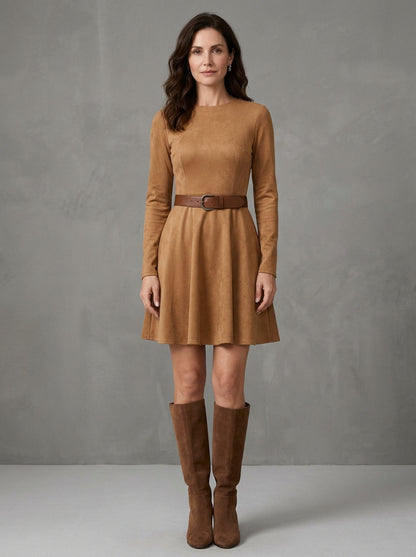 Rosita - Robe Courte Effet Daim avec Ceinture et Jupe Patineuse, Camel — photo 1