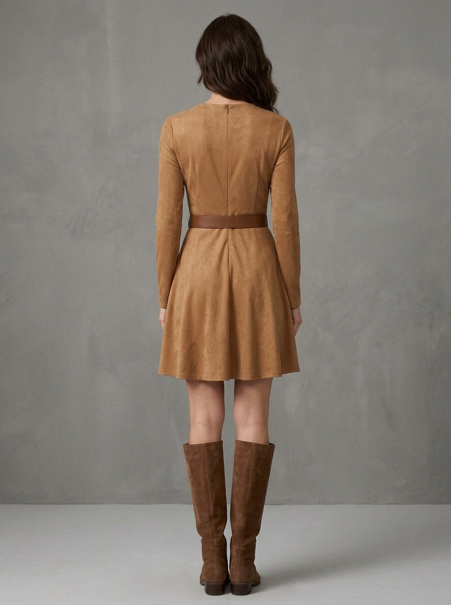Rosita - Robe Courte Effet Daim avec Ceinture et Jupe Patineuse, Camel — photo 2