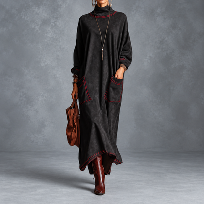 Brune - Robe Maxi Effet Daim à Surpiqûres Rouges Contrastées et Poches Plaquées
