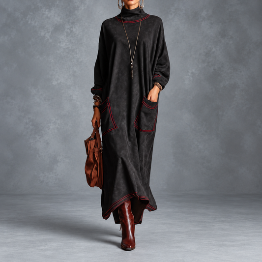 Brune - Robe Maxi Effet Daim à Surpiqûres Rouges Contrastées et Poches Plaquées