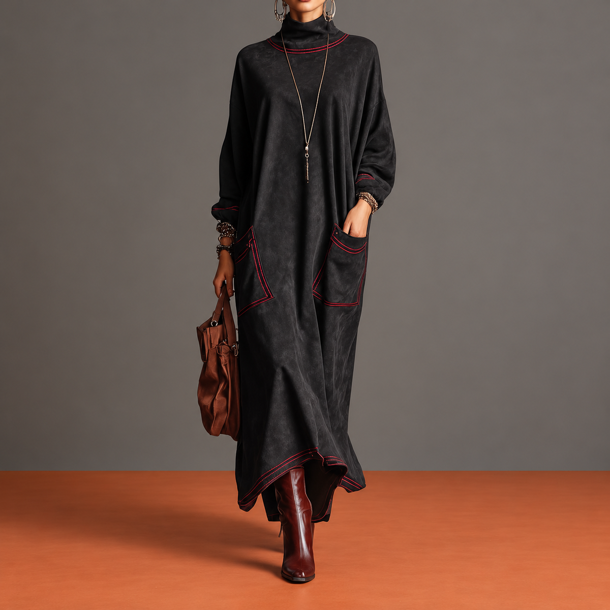 Brune - Robe Maxi Effet Daim à Surpiqûres Rouges Contrastées et Poches Plaquées