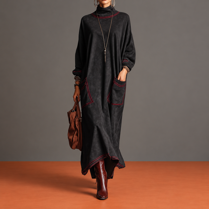 Brune - Robe Maxi Effet Daim à Surpiqûres Rouges Contrastées et Poches Plaquées