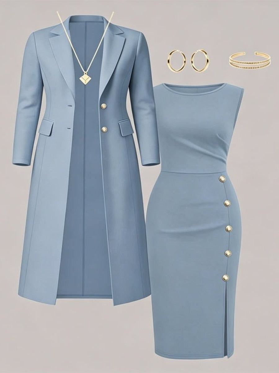Adélaïde - Ensemble Blazer Long et Robe Sans Manches à Boutons Dorés