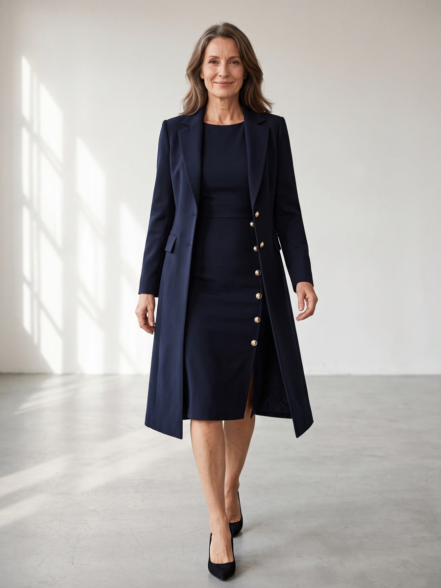 Adélaïde - Ensemble Blazer Long et Robe Sans Manches à Boutons Dorés