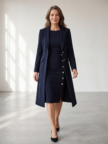 Adélaïde - Ensemble Blazer Long et Robe Sans Manches à Boutons Dorés