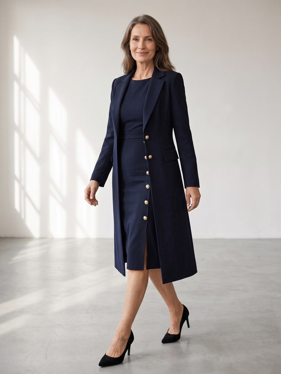 Adélaïde - Ensemble Blazer Long et Robe Sans Manches à Boutons Dorés