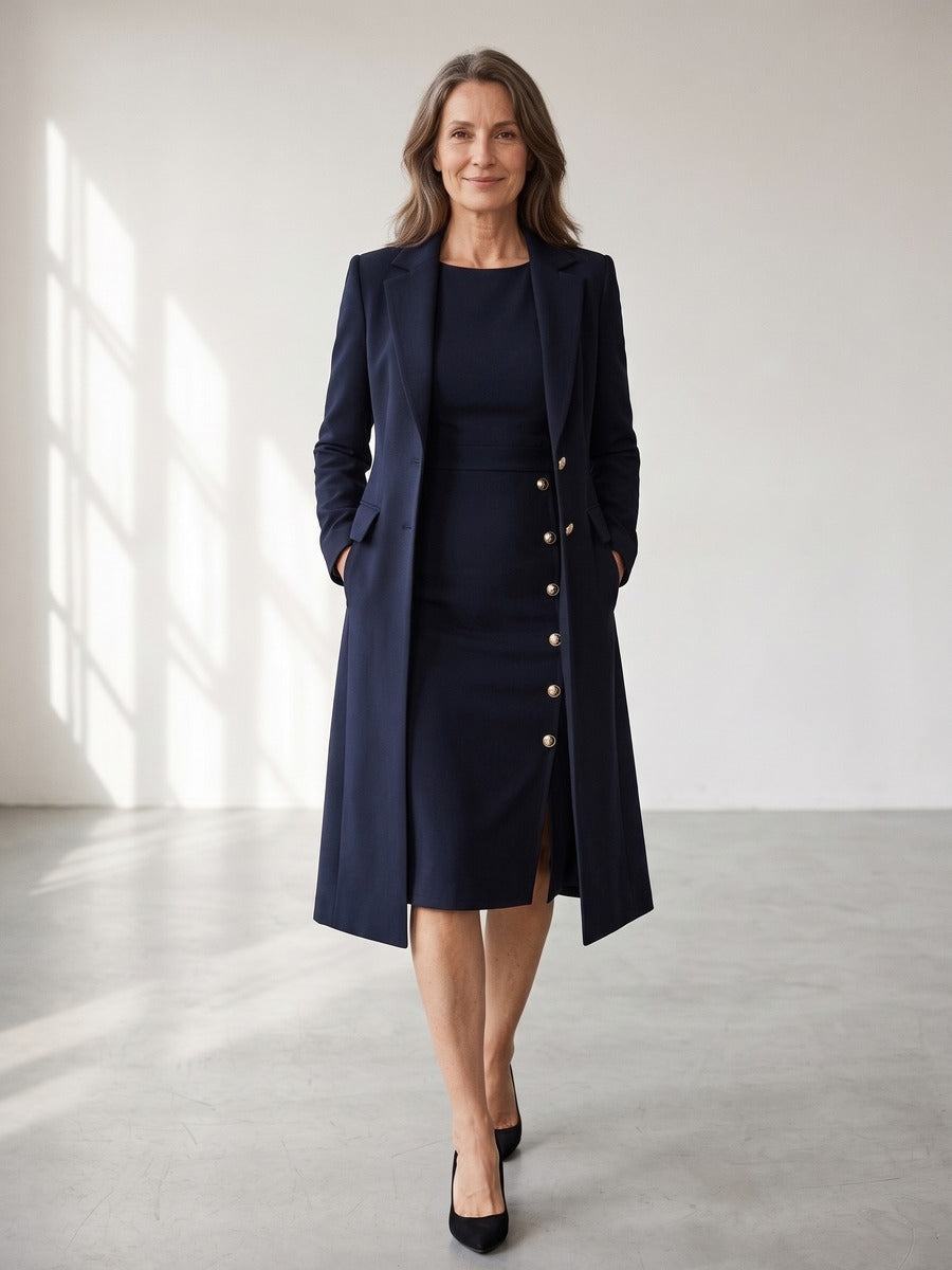 Adélaïde - Ensemble Blazer Long et Robe Sans Manches à Boutons Dorés