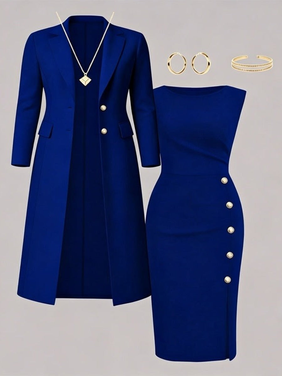Adélaïde - Ensemble Blazer Long et Robe Sans Manches à Boutons Dorés