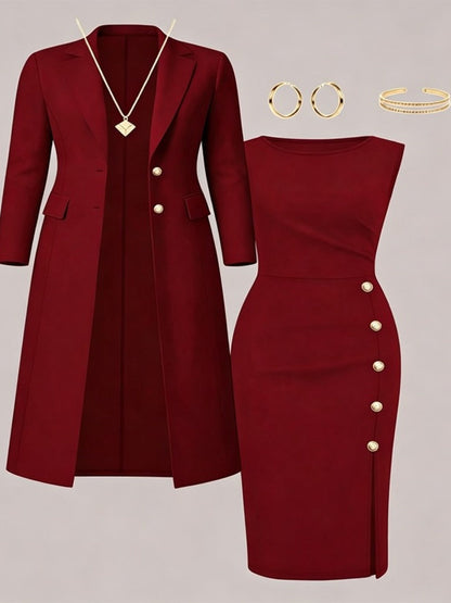Adélaïde - Ensemble Blazer Long et Robe Sans Manches à Boutons Dorés