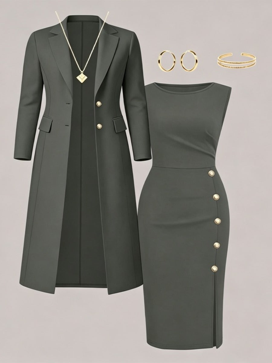 Adélaïde - Ensemble Blazer Long et Robe Sans Manches à Boutons Dorés