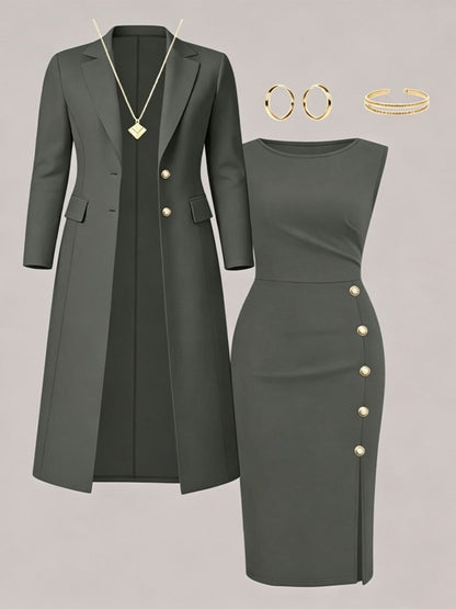 Adélaïde - Ensemble Blazer Long et Robe Sans Manches à Boutons Dorés