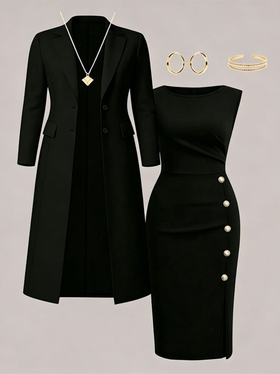 Adélaïde - Ensemble Blazer Long et Robe Sans Manches à Boutons Dorés