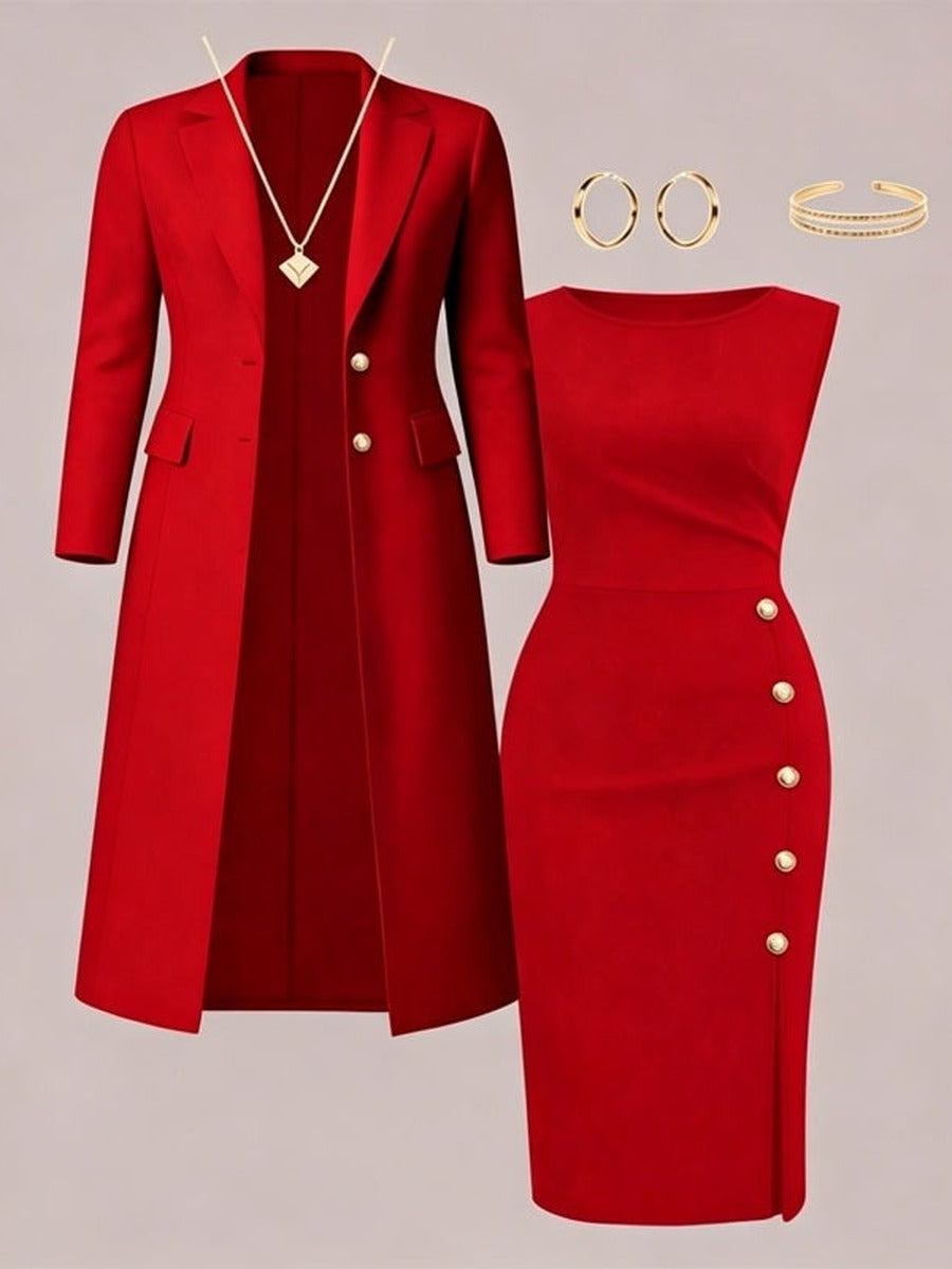 Adélaïde - Ensemble Blazer Long et Robe Sans Manches à Boutons Dorés