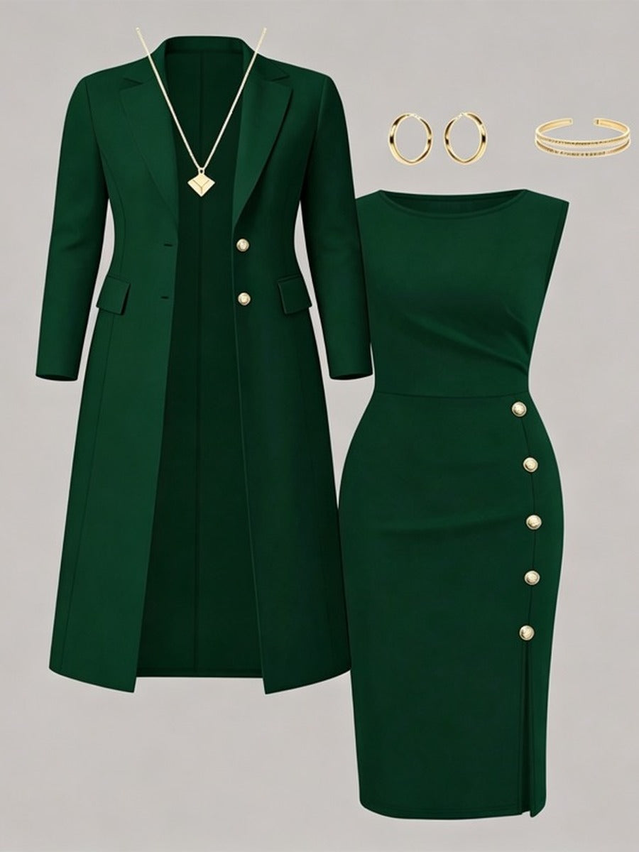 Adélaïde - Ensemble Blazer Long et Robe Sans Manches à Boutons Dorés
