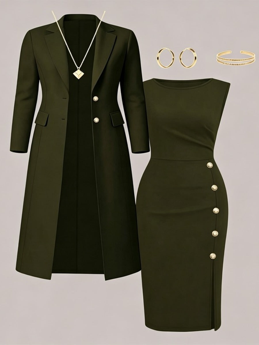 Adélaïde - Ensemble Blazer Long et Robe Sans Manches à Boutons Dorés