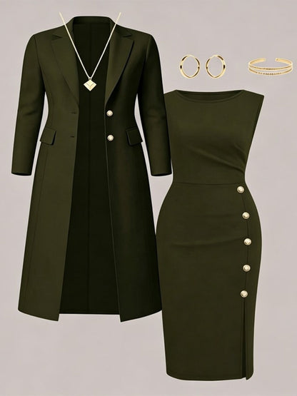 Adélaïde - Ensemble Blazer Long et Robe Sans Manches à Boutons Dorés