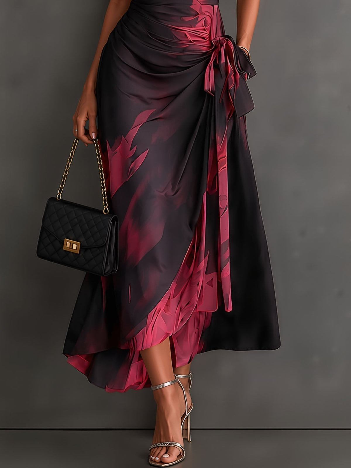 Honorée - Robe Midi Croisée à Imprimé Abstrait, Col V, Manches Courtes, Ceinture et Ourlet Asymétrique à Volant