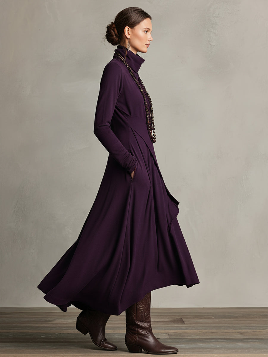 Édith - Robe Maxi Bohème en Coton à Col Montant et Drapé Asymétrique