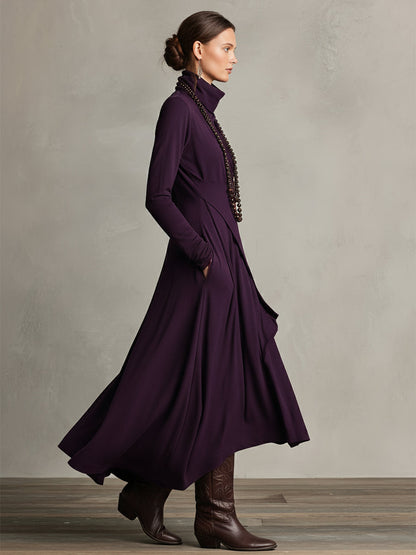 Édith - Robe Maxi Bohème en Coton à Col Montant et Drapé Asymétrique