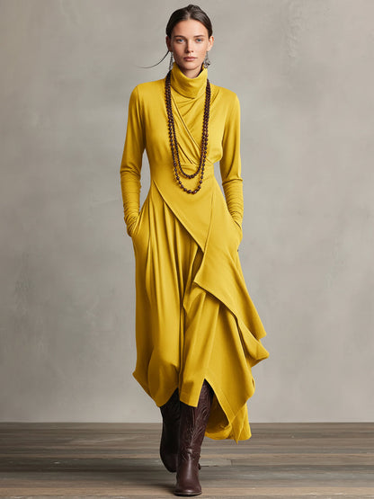 Édith - Robe Maxi Bohème en Coton à Col Montant et Drapé Asymétrique