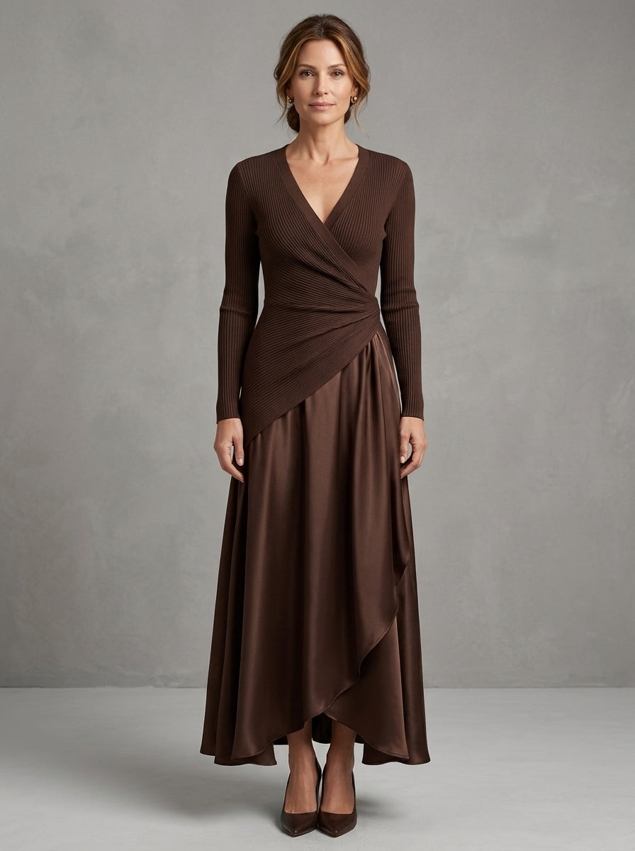 Vitalba - Robe Longue Portefeuille à Corsage Côtelé et Jupe en Satin, Chocolat — photo 1